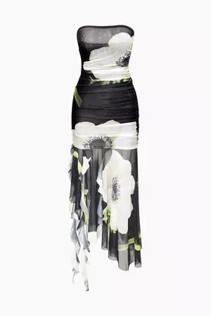 Floral Print Mesh Asymmetric Ruffle Hem Mini Dress – Micas