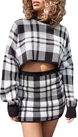 Plaid Knitted Sweater Outfit Long Sleeve Crop Top and Skirt Set at Amazon Women’s Clothing store