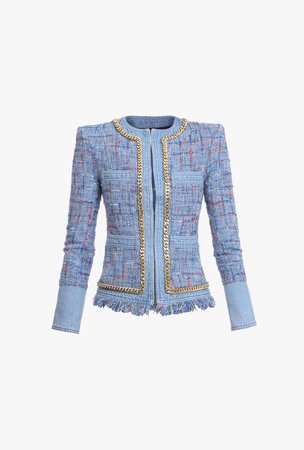 Blue Tweed And Denim Jacket With Gold Tone Chains for Women - Balmain.com