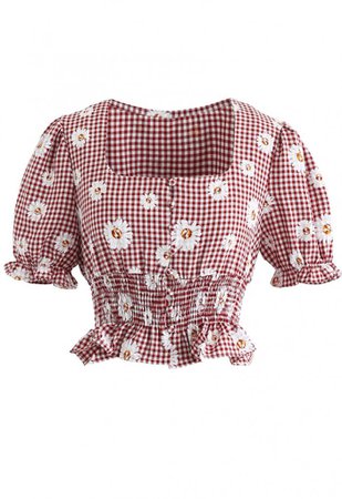 Summer Daisy Printed Gingham Square Neck Crop Top in Red - NEW ARRIVALS - Retro, Indie and Unique Fashion