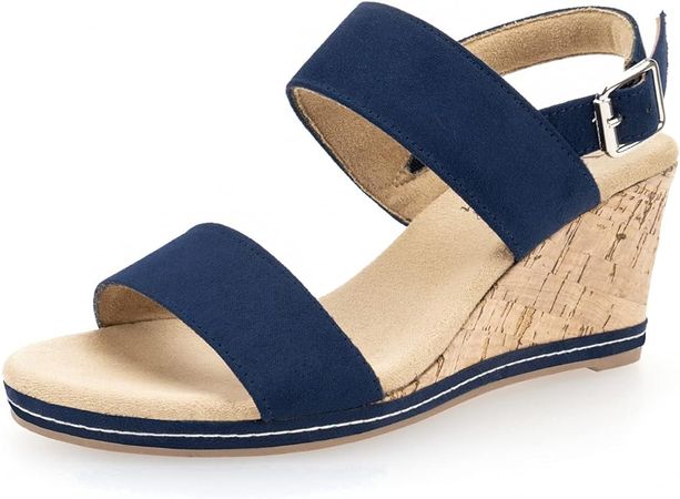 VJH confort Women's Wedge Sandals Buckle Straps Cork Platform Comfort Slingback Dress Open Toe Sandals(navy blue 9) | Platforms & Wedges
