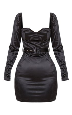 *clipped by @luci-her* Black Satin Cup Detail Belted Bodycon Dress | PrettyLittleThing USA