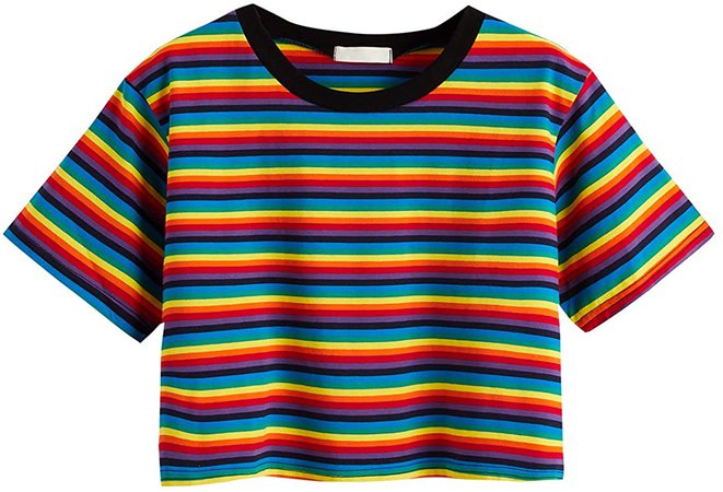 SweatyRocks Women's Short Sleeve Round Neck Colorful Stripe Tee Shirt Crop Top Multicolor X-Large at Amazon Women’s Clothing store