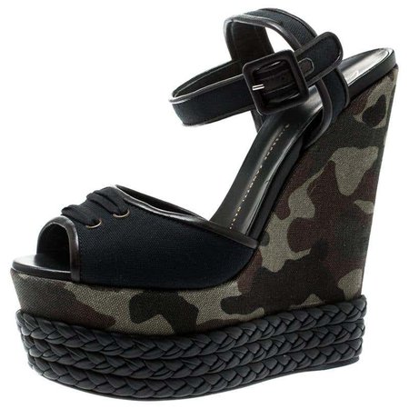 Giuseppe Zanotti Black Canvas And Leather Camouflage Wedge Sandals Size 40