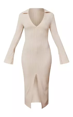 Stone Rib Flare Sleeve Split Detail Midaxi Dress | PrettyLittleThing USA