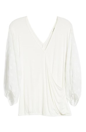 Loveappella Dot Chiffon Sleeve Faux Wrap Top | Nordstrom