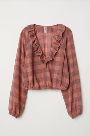 V-neck Ruffle-trimmed Blouse - Vintage pink/checked - Ladies | H&M US