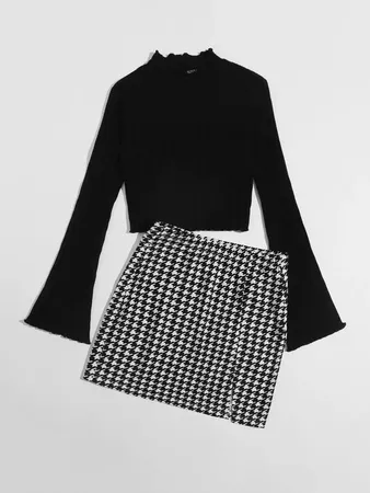 black Flounce Sleeve Rib-knit Tee & Houndstooth Skirt Set | SHEIN USA
