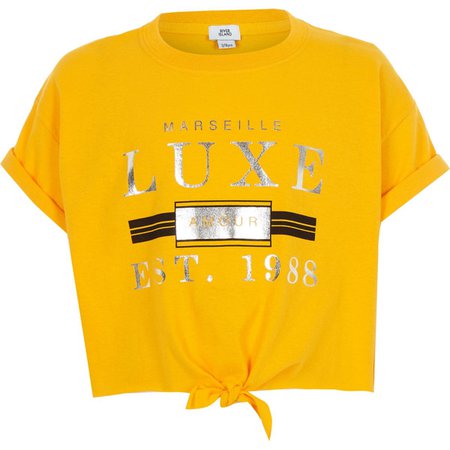 Girls yellow ‘luxe’ tie front T-shirt - Short Sleeve Tops - Tops - girls