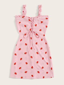 strawberry print lace up dress shein