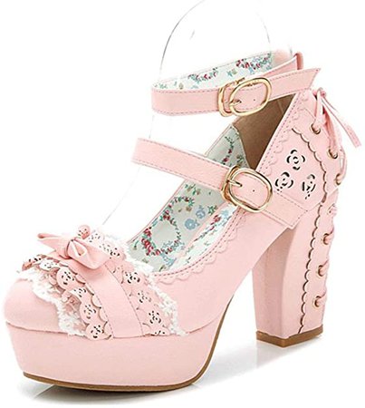 Amazon.com | Japanese Style Sweet Bow Lace Princess Lolita Shoes Lace-up High Heel Buckle Strap Thick Platform Pumps White | Pumps