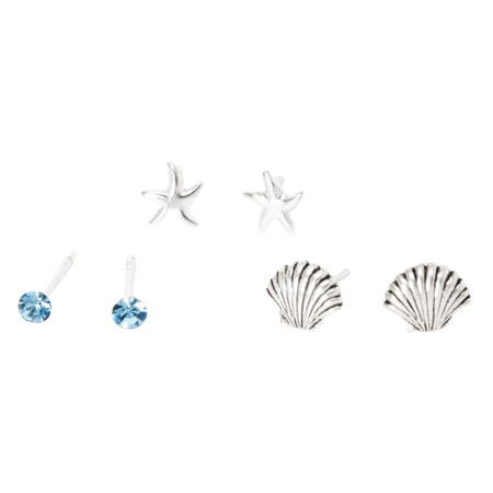 Claire's Sterling Silver Seashell Starfish Stud Earrings - Blue, 3 Pack