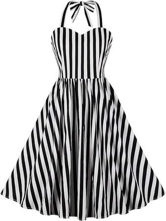 Amazon.com: Black and White Striped Dress for Women: 50s Circus?Costumes Adult Halloween Movie Character Cosplay Vintage 1950s Rockabilly Pinup Dresses Pageant Midi Cocktail Tea Party Gown Black Stripes M : Clothing, Shoes & Jewelry