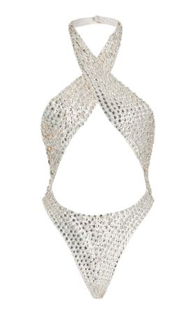 Crossed Crystal-Embellished Satin Bodysuit By Laquan Smith | Moda Operandi
