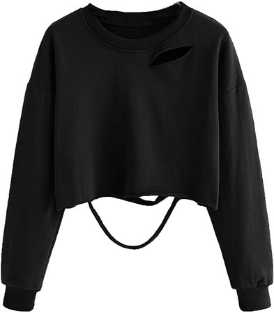 SweatyRocks Women's Long Sleeve Crop Tops Distressed Ripped Cut Out Pullover Sweatshirt at Amazon Women’s Clothing store