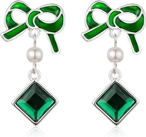 Amazon.com: RareLove Green Bowknot Cute Christmas Earrings Artificial Pearl with Green Crystal Drop Dangle Earrings for Women Alloy Plated: Clothing, Shoes & Jewelry
