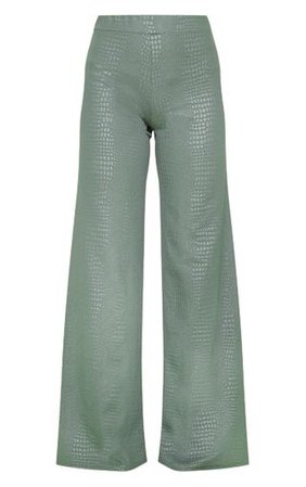 Khaki Croc Print Wide Leg Trouser | Trousers | PrettyLittleThing