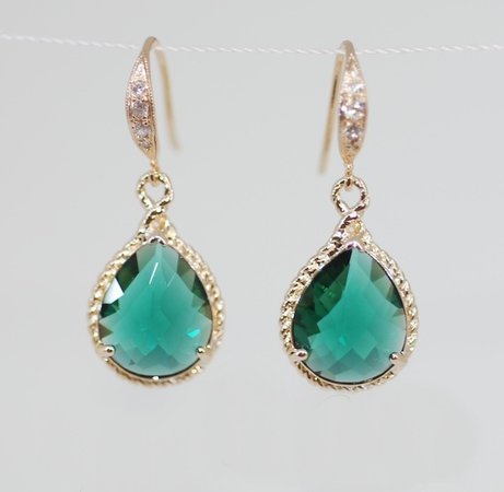 Gold Plated Cubic Zirconia Detailed Earring Hook With Emerald Green Teardrop Glass Quartz - Wedding on Luulla