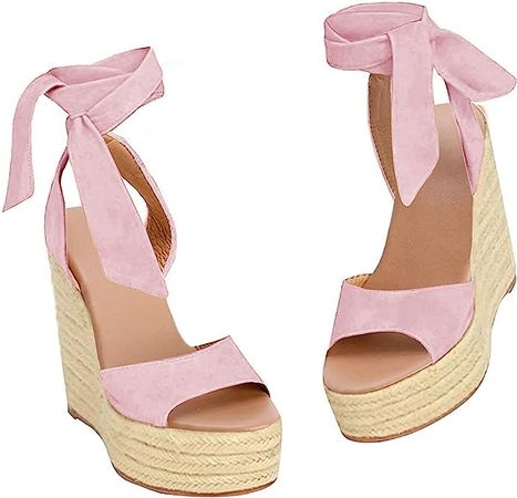 Amazon.com | SERAIH Womens Lace up Platform Wedges Sandals Classic Ankle Strap Shoes Pink | Platforms & Wedges