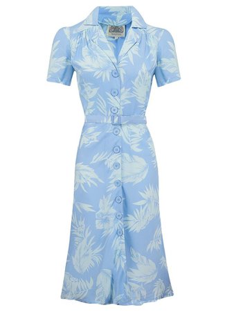 "Lisa" Tea Dress in Tropical Blue Hawaiian Print, Authentic 1940s Vint – Rock n Romance
