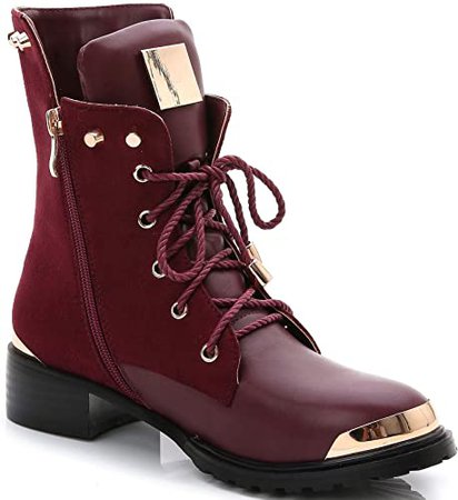 Amazon.com | ANN CREEK Women's 'Reinet' Goldtone Plated Treaded Outsole Mid Calf Lace Up Combat Booties Burgundy -10 | Ankle & Bootie
