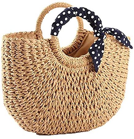 YOUNG-X Handmade Straw Purse Hobo Large Tote Natural Vintage Bag, Women Round Handle Ring Rattan Retro handbag Summer Beach (Natural Straw)