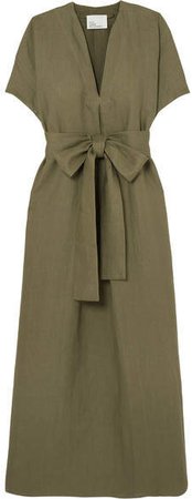 Rosetta Belted Linen Maxi Dress - Army green