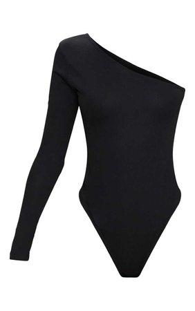 Black Stretch Crepe One Shoulder Thong Bodysuit | PrettyLittleThing USA