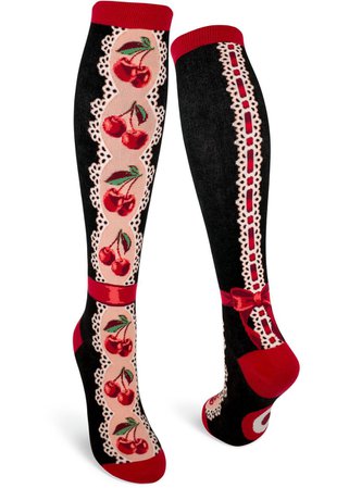 Cherries & Lace Knee Socks | Rockabilly Cherry Socks for Women - Cute But Crazy Socks
