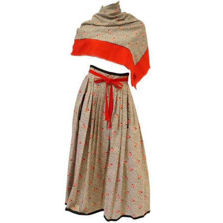 1970s Givenchy Red and Black Floral Midi Skirt and Shawl at 1stdibs