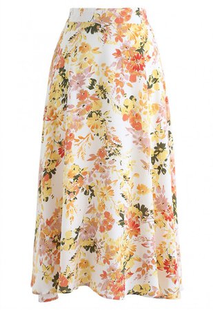 Blooming Season Watercolor Chiffon A-Line Midi Skirt in Orange - Skirt - BOTTOMS - Retro, Indie and Unique Fashion