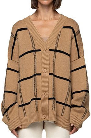 Woman Plaid Knitted Cardigan Sweater Women V Neck Lantern Sleeve Casual Loose Jumper at Amazon Women’s Clothing store