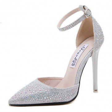 Sexy Silver Drilled Pointed Toe Stiletto Heels Prom Shoes With Ankle Strap - TheCelebrityDresses