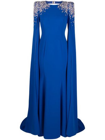 Shop blue Jenny Packham embellished-shoulder cape-style gown with Express Delivery - Farfetch