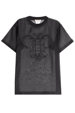 Transparent Cotton T-Shirt with Embroidered Cut-Out Detail Gr. L