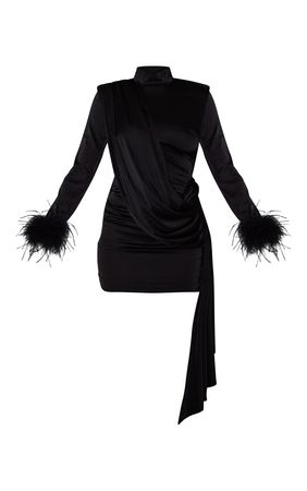 Black Feather Cuff High Neck Satin Bodycon Dress | PrettyLittleThing USA