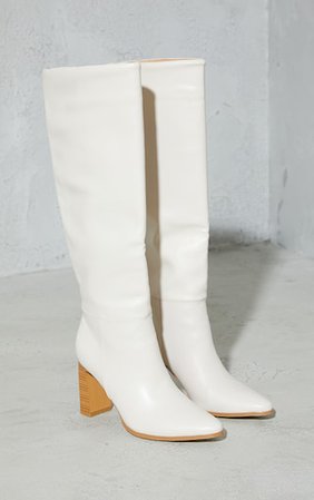 Cream Block High Heel Knee Boots | Footwear | PrettyLittleThing USA