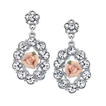 1928 Pink Porcelain Rose & Simulated Crystal Drop Earrings