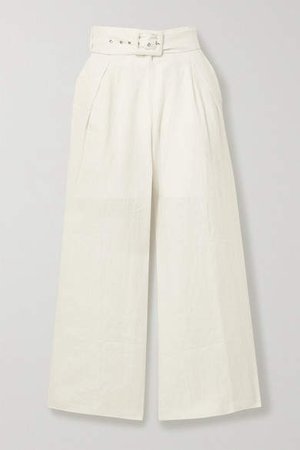 Lena Belted Linen Wide-leg Pants - White
