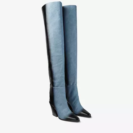 MACEO OTK 85 | Black Dipped Denim Over-The-Knee Boots | Spring 2023 collection | JIMMY CHOO