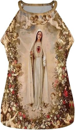 Our Lady Guadalupe Virgin Mary Women's Summer Sleeveless Tee Shirts Crew Neck Workout Tank Tops Casual Suspenders Shirts at Amazon Women’s Clothing store