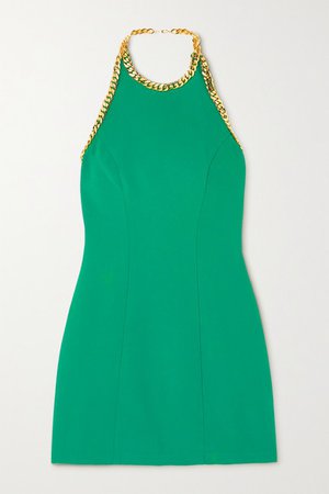 Chain-embellished Crepe Halterneck Mini Dress - Green