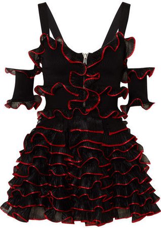 Cold-shoulder Ruffled Stretch-knit Mini Dress - Black