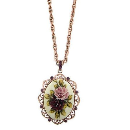 1928 Jewelry Rose Gold-Tone Purple Crystal Flower Oval Pendant Necklace