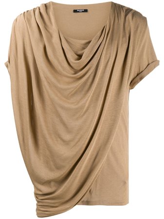 Brown Balmain draped-detail short-sleeve T-shirt - Farfetch