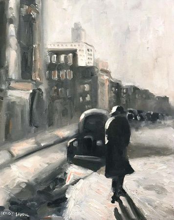 Cindy Shaoul - "On the Way to Work" Impressionist Winter Street Scene Oil Painting on Panel For Sale at 1stDibs