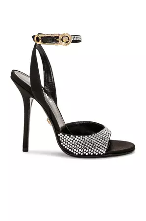 VERSACE Safety Pin Sandal in Black & Versace Gold | FWRD