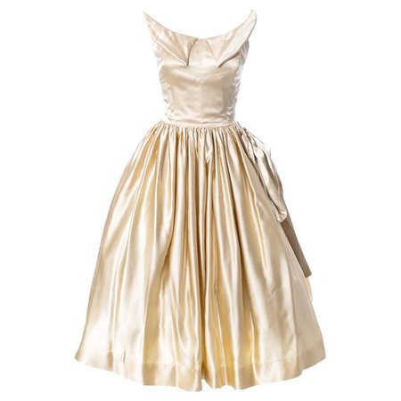 1950s Vintage Wedding Dress in Champagne Satin w Winged Bust Gown by Peg Powers For Sale at 1stdibs