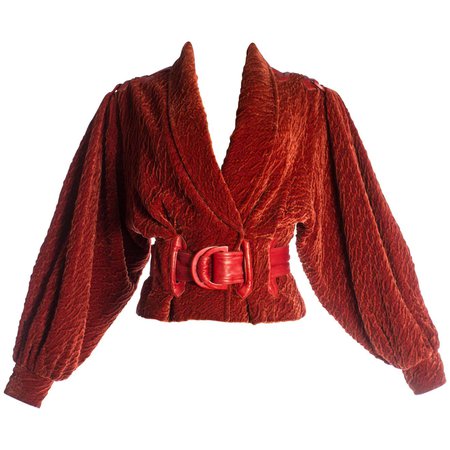 Elizabeth Wessel red velvet and leather bomber jacket, c. 1980-1989 For Sale at 1stDibs