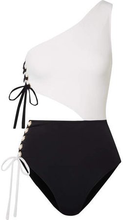 OYE Swimwear - Kim Lace-up Two-tone One-shoulder Swimsuit - Black